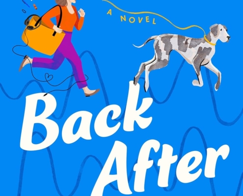 Image of a book cover with a woman chasing a Great Dane on it.