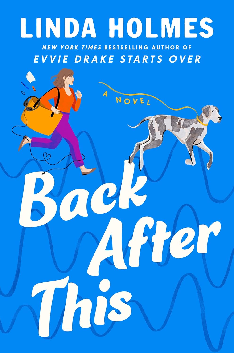 Image of a book cover with a woman chasing a Great Dane on it.