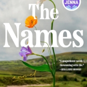 Image of a THE NAMES book cover. The image shows a flower stem containing three different color flowers, one purple, one orange and one white.