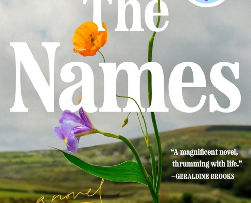 Image of a THE NAMES book cover. The image shows a flower stem containing three different color flowers, one purple, one orange and one white.