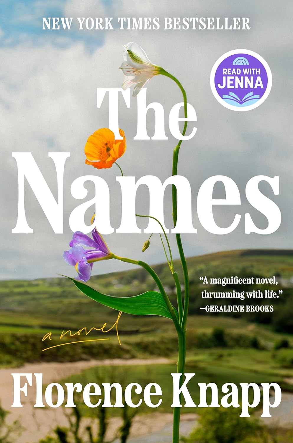 Image of a THE NAMES book cover. The image shows a flower stem containing three different color flowers, one purple, one orange and one white.