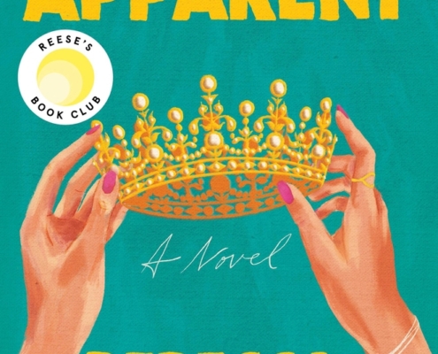 Cover image of The Heir Apparent. Features two hands holding a crown. Sea green background.