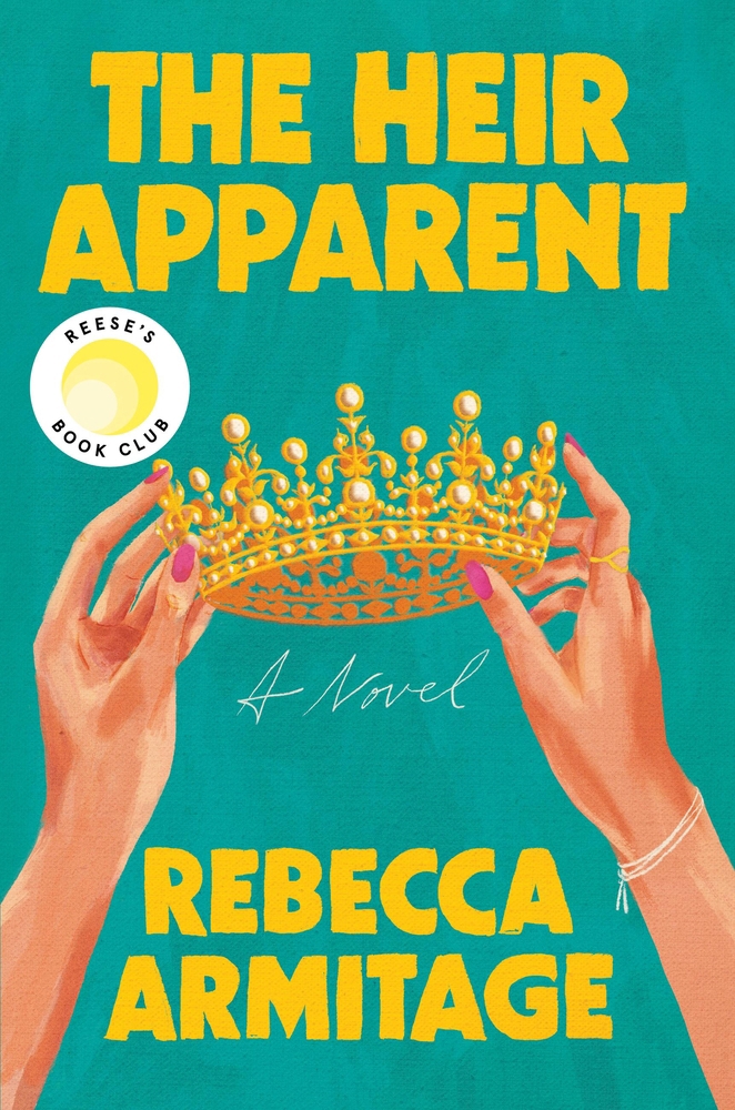 Cover image of The Heir Apparent. Features two hands holding a crown. Sea green background.