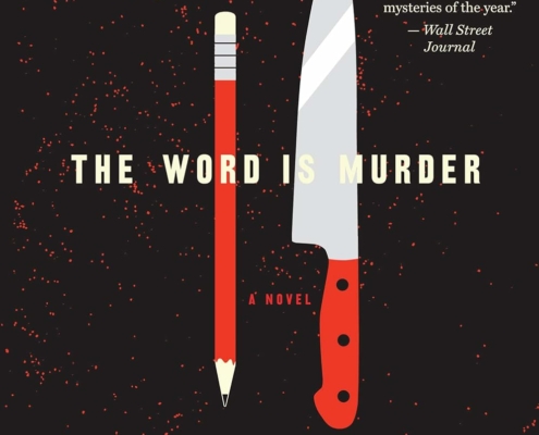 Cover image of a book called The Word is Murder by Anthony Horowitz. There is a picture of a pencil and a knife.